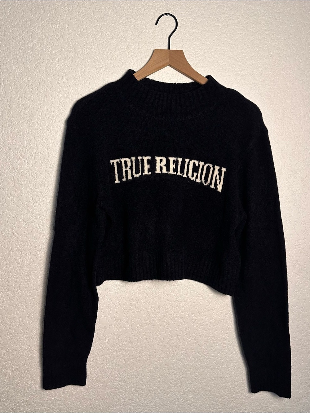 True Religion Black Cropped Logo Crewneck Sweater